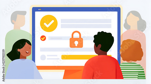 Colorful illustration of diverse people interacting with a secure digital platform featuring a lock and verification symbols, representing privacy, authentication, protected access, and online safety.