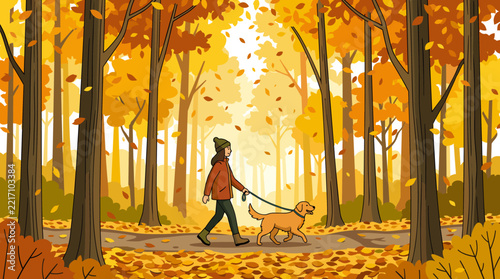 A woman walking her golden retriever through a vibrant autumn forest with falling yellow leaves