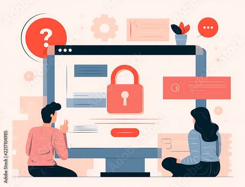 Stylized illustration of two people interacting with a computer security interface featuring a large lock and question symbol, representing cybersecurity, privacy, and authentication.