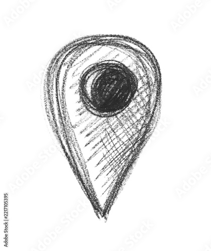 Doodle map pin location icon drawn with black chalk on white background, sketch mark concept
