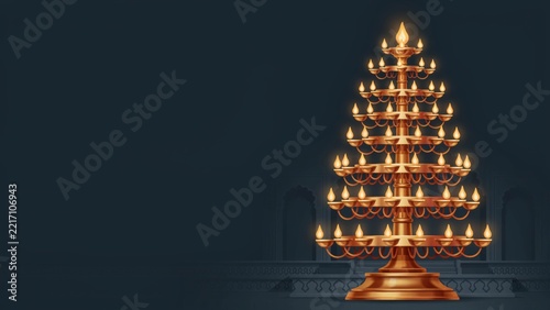 Grand illuminated multi tiered brass lamp stand celebrating the festival of Diwali