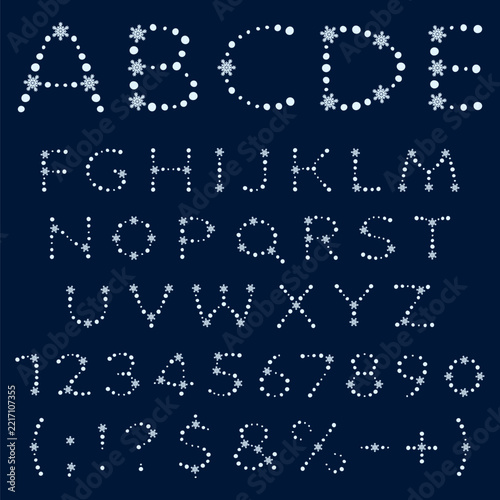 Font, alphabet, letter, number made of snowflakes and snowballs. Isolated vector objects.