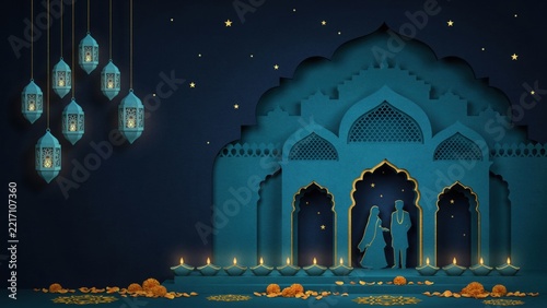 Stunning blue 3D rendered Diwali scene with hanging lanterns and glowing diyas at night
