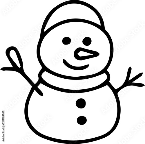 Cute snowman hand drawn doodle icon, black outline vector illustration