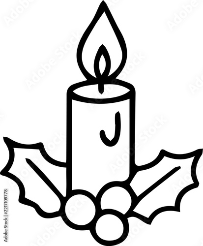 Christmas candle with holly hand drawn doodle icon, black outline vector illustration