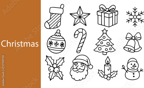 Christmas hand drawn doodle icon set, black outline Santa, tree, snowman, gift, stocking and winter holiday symbols