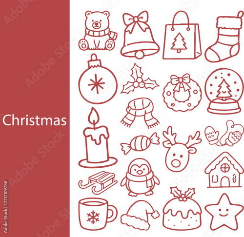 Cute Christmas hand drawn doodle icon set, red outline polar bear, penguin, reindeer, snow globe and winter holiday symbols