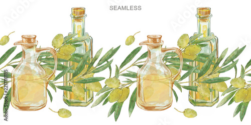 Seamless border of olive branch and rustic oil bottles. Watercolor hand drawn botanical illustration for textiles, packaging, labels, branding, prints and stationery, isolated