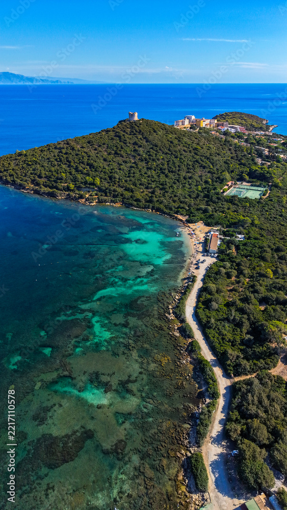 Fototapeta premium Scenic aerial drone landscape over Tramariglio Golf and beach in Sardinia, Italy, Europe