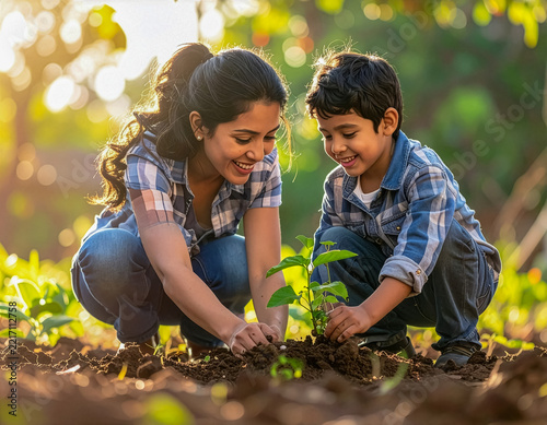 Mère et fils plantant un jeune arbre dans un jardin ensoleillé, concept d’écologie et de développement durable