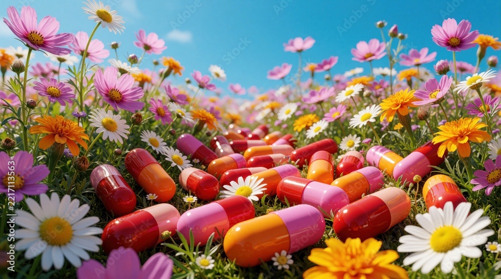 Fototapeta premium Colorful pills, capsules lie scattered across bright flower meadow. Summer field with daisies, cosmos, wildflowers under sunny blue sky. Concept of medicine in nature, pharmaceutical pollution,