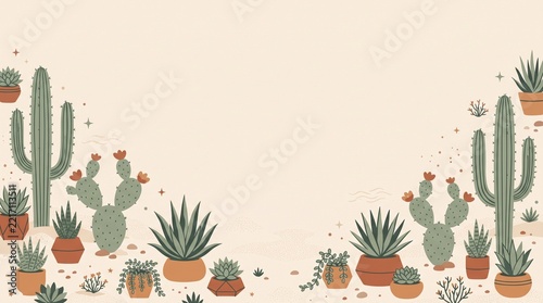 Cute vector cactus and succulent pattern illustration background with soft beige pastel colors