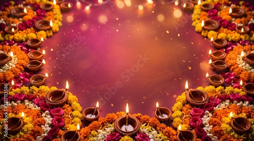 Glowing diya oil lamps decorated with vibrant marigold flowers for traditional Hindu festival celebration