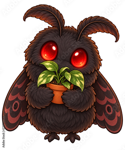Cute Mothman Holding Potted Variegated Pothos Plant Houseplant