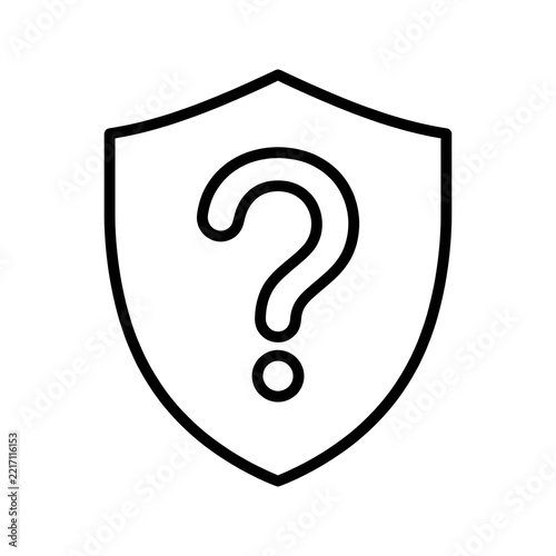 Black outline shield with a question mark inside on a white background
