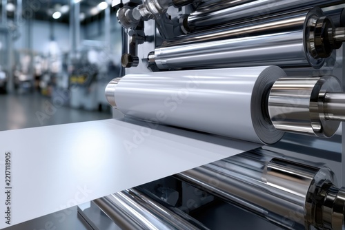 Industrial machinery processing large rolls of white flexible material in a modern factory environment with metallic rollers and automated system