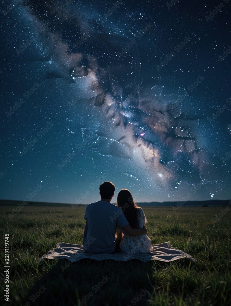 Fototapeta premium Young couple sits on blanket in grassy field at night. Lovers watch bright Milky Way galaxy, starry sky together. Romantic backview of man, woman enjoying astronomy, nature under cosmic universe.