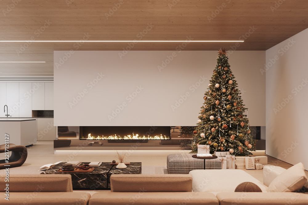 Fototapeta premium Modern interior design with decorated Christmas tree and white copy space. Christmas at home. 3D Rendering, 3D Illustration