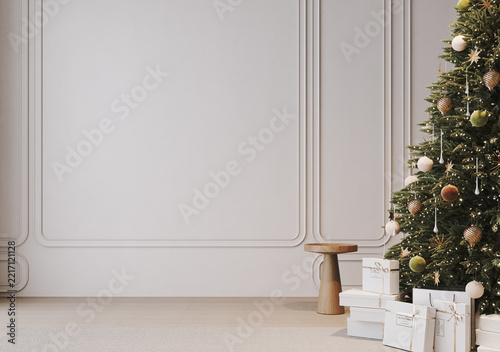 Modern interior design with decorated Christmas tree and empty white wall with copy space. 3D Rendering, 3D Illustration