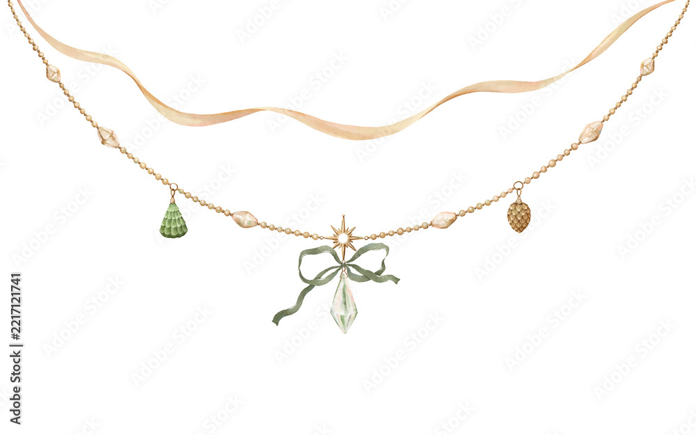 Fototapeta premium Delicate Christmas garland with cute decorations, holiday symbols, green bow and golden curl ribbon, watercolor isolated illustration for your invitation or greeting cards, poster, print or wallpaper.