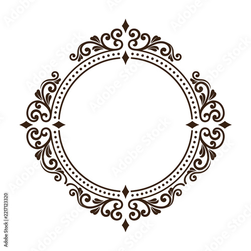 Ornate circular frame with floral patterns and dotted borders isolated on white background