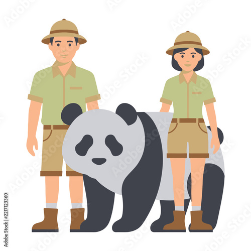 Panda bear with two zookeeper safari guides outdoors