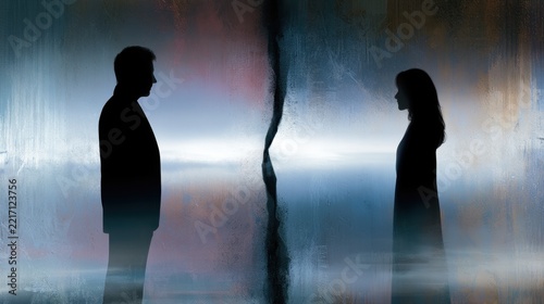 Silhouetted man and woman separated by a cracked glass wall symbolizing emotional distance and division in a misty, abstract setting