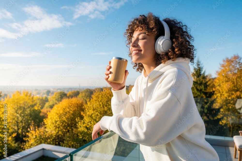 Fototapeta premium Young woman with curly hair wears white headphones, smiles on sunny terrace. Holds coffee mug enjoying music, autumn view. Relaxed female sitting on balcony with trees in golden forest background