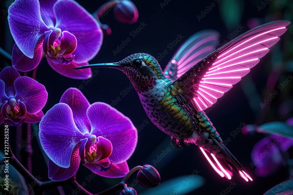 Fototapeta premium Cyberpunk hummingbird with glowing pink neon wings hovers near vibrant purple orchids. Futuristic mechanical bird flies in dark bio-digital garden. Synthetic fauna shows high tech details, neon light