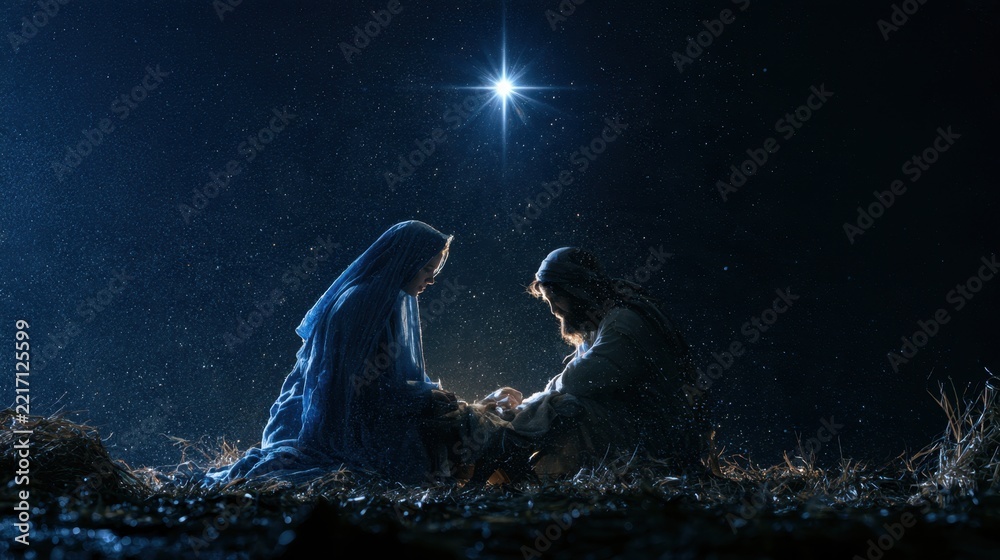 Fototapeta premium Nativity scene with Mary and Joseph watching the newborn under a bright Christmas star in a stable