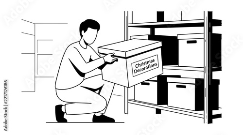 Man Organizing Holiday Decoration Boxes on Shelves Line Art Illustration