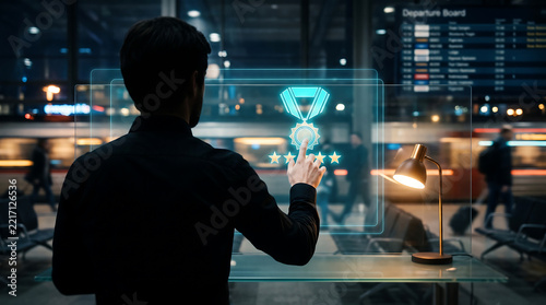 Silhouette of a man touching a glowing blue holographic medal icon with five stars on a transparent screen in a dimly lit train station terminal at night