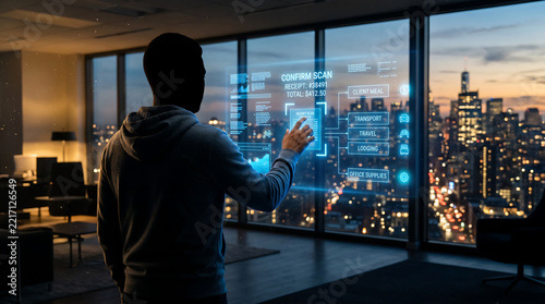 Silhouette of a man in a hoodie interacting with a glowing digital holographic interface in a high-rise office overlooking a city skyline at dusk