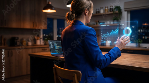 Woman in a blue blazer sitting at a wooden kitchen counter, interacting with a glowing holographic interface displaying financial charts and data analytics at night