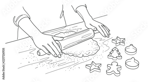 Minimalist line art illustration of hands rolling dough for cookies