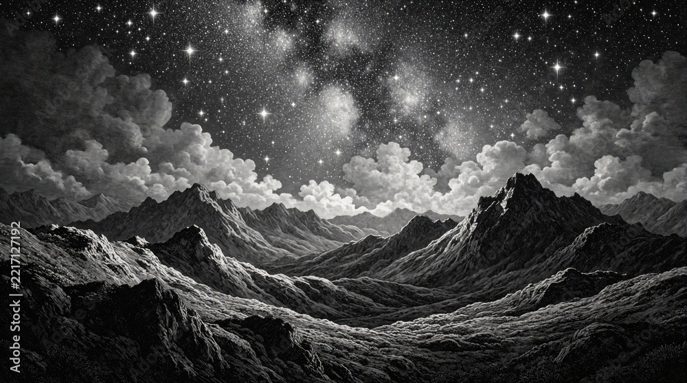 Fototapeta premium Artistic black, white landscape painting shows starry night sky over rugged mountain terrain. Huge clouds float above dark peaks. Galaxy, cosmos shine with bright stars in deep space. Peaceful