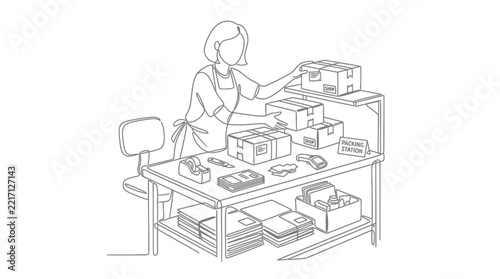Minimalist single line drawing of woman preparing parcel shipments