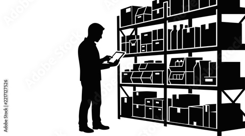 Silhouette of worker holding tablet in warehouse with storage racks