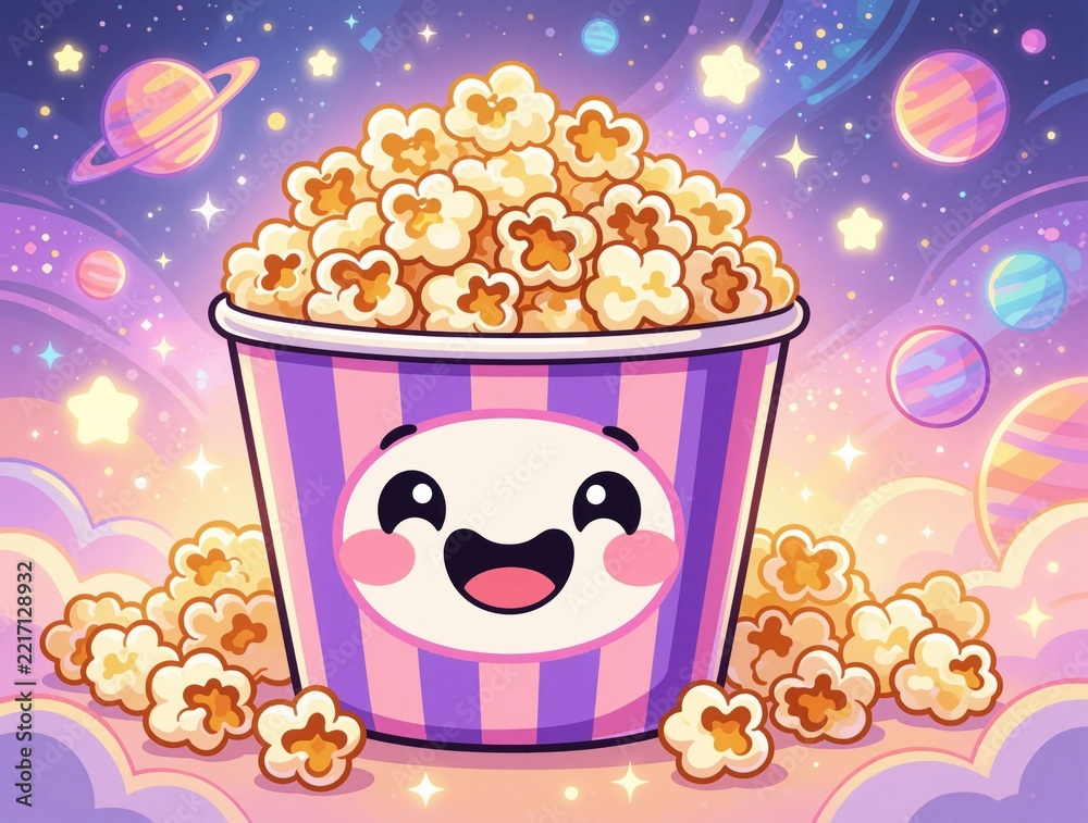 Fototapeta premium Cute cartoon popcorn bucket with happy smiling face. Character sits in magical galaxy background with colorful planets, stars, clouds. Fun snack illustration for cinema, movie night kids party.