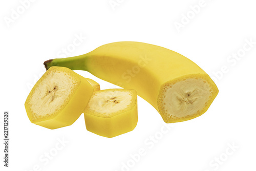 Fotografie Ripe banana close-up, presenting vibrant yellow peel, creamy white flesh, natura