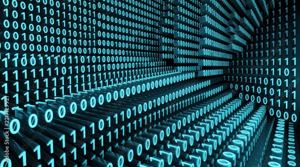 Fototapeta premium Abstract 3D render of blue binary code flowing through digital space. Glowing zeros, ones create deep tunnel effect. Background represents big data, cyber security, software programming, machine