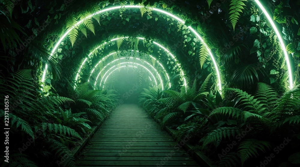 Fototapeta premium Wooden walkway leads through rich green tunnel with bright neon lights. Tropical plants, ferns create leafy archway in garden. Glowing green lamps illuminate forest path inside greenhouse