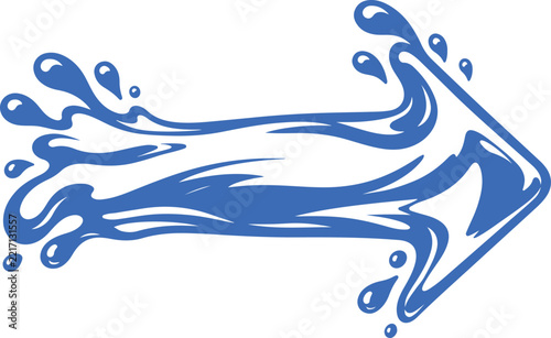 Dynamic water splash arrow icon in blue tones isolated on background for liquid refreshment and climate change themes.
