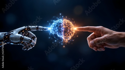Human and robotic fingertips touching a glowing dual colored digital brain symbolizing the connection between organic thought and advanced artificial intelligence