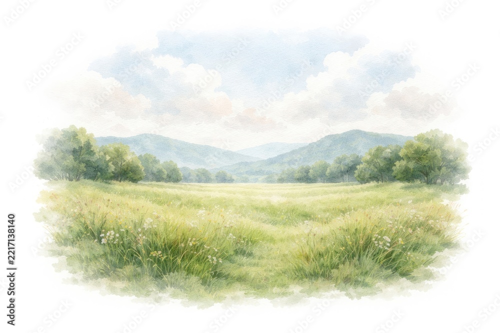 Fototapeta premium Serene watercolor landscape of a lush green meadow and distant hills.