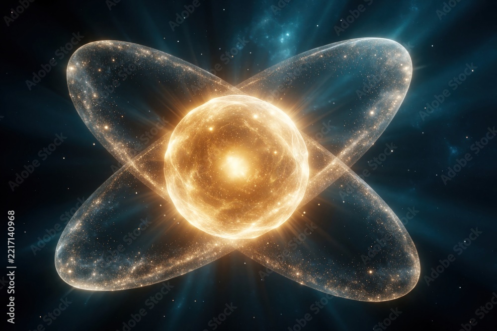 Fototapeta premium Glowing atom nucleus with orbiting electrons in deep space. Bright golden energy sphere radiates light through blue nebula clouds. Abstract cosmic particle model shows quantum physics, stellar