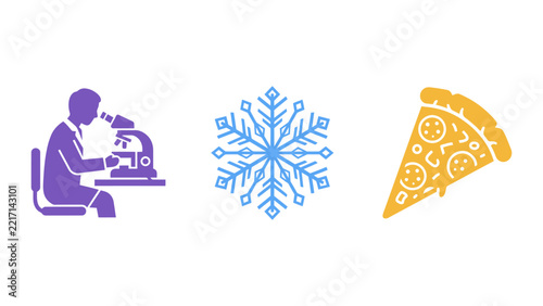 Scientist working at a microscope a snowflake a pizza slice with a slice removed laboratory scientist icon snowflake design science icon winter snowflake