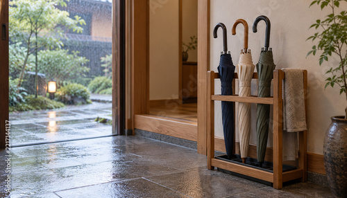 傘立てに並べた雨傘とタオル