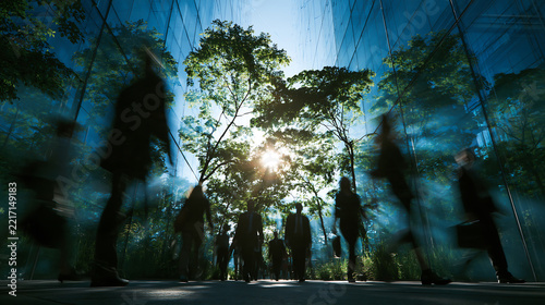 The concept of sustainability in business centers, crowds of business people walking at a corporate office in a green city downtown, abstract motion blur image with blurred background, generative AI