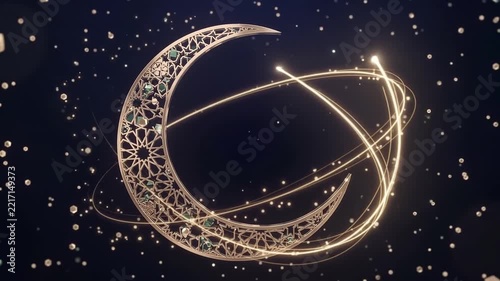 Eid Mubarak Celebration: A festive motion graphic animation featuring a glowing crescent moon, sparkling stars, and traditional Islamic holiday greetings.